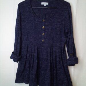 New Directions Shirt Women L Long Roll Tab Sleeve Pleated Top Button Blue
